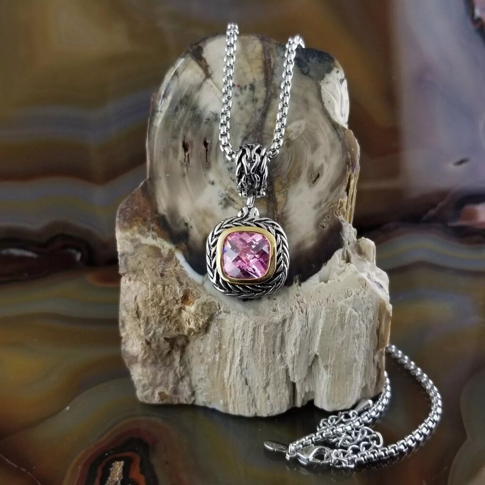 Balinese Silver & Gold Pink CZ Chunky Cable Necklace